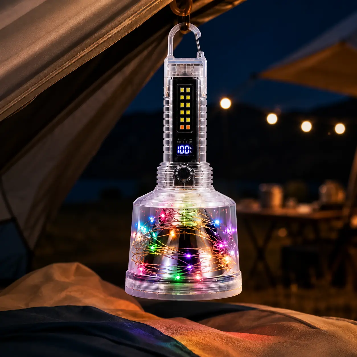 Qawtor Rechargeable LED Camping Lantern with Spotlight, Mood Light, RGB Atmosphere Glow, Strong Magnetic Base, Hook, Battery Display, Warning Flasher, USB-C Charging, Waterproof Drop-Resistant Work Tool for Camping, Emergency Use