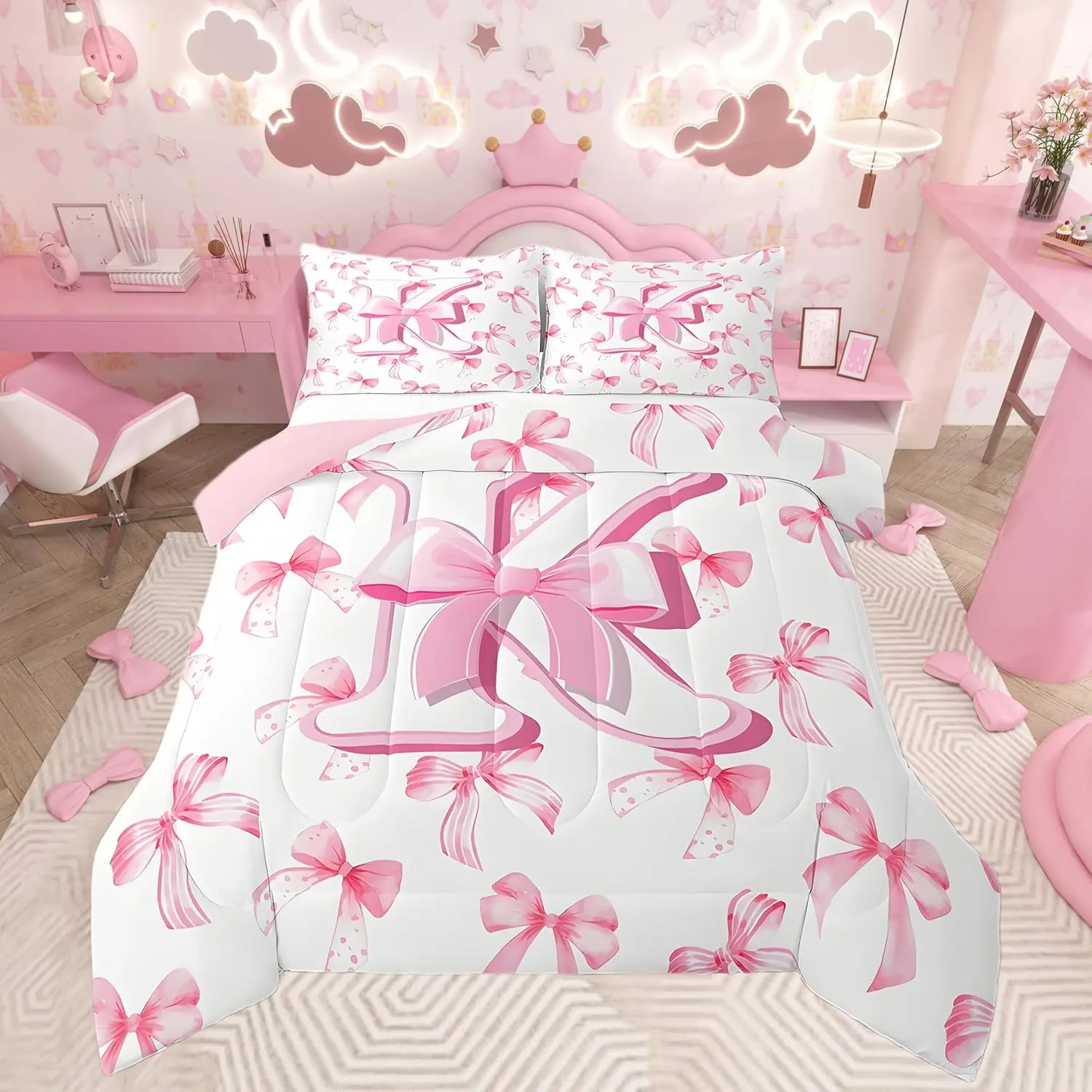 Feelyou Monogrammed Pink Bow Comforter Set - Personalized Initial K Microfiber Soft Duvet Quilt, Digital Print Coquette Bedding, Machine Washable Multi-Size Modern Room Decor