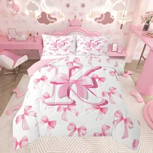 Feelyou Monogrammed Pink Bow Comforter Set - Personalized Initial K Microfiber Soft Duvet Quilt, Digital Print Coquette Bedding, Machine Washable Multi-Size Modern Room Decor