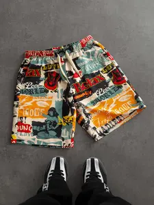 Men's Vintage Graffiti Printed Drawstring Shorts, Comfortable Loose Fit Casual Sport Pants, Multi-Color Letter Full Print Summer Shorts