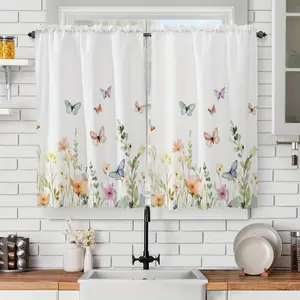 [Floral Print Curtains] 2pcs Vintage Watercolor Floral & Butterfly Print Short Curtains - 100% Polyester Light Filtering Rod Pocket Kitchen Bedroom Curtains, Machine Washable Spring Twill Fabric for Home Decor, Curtains for Bedroom