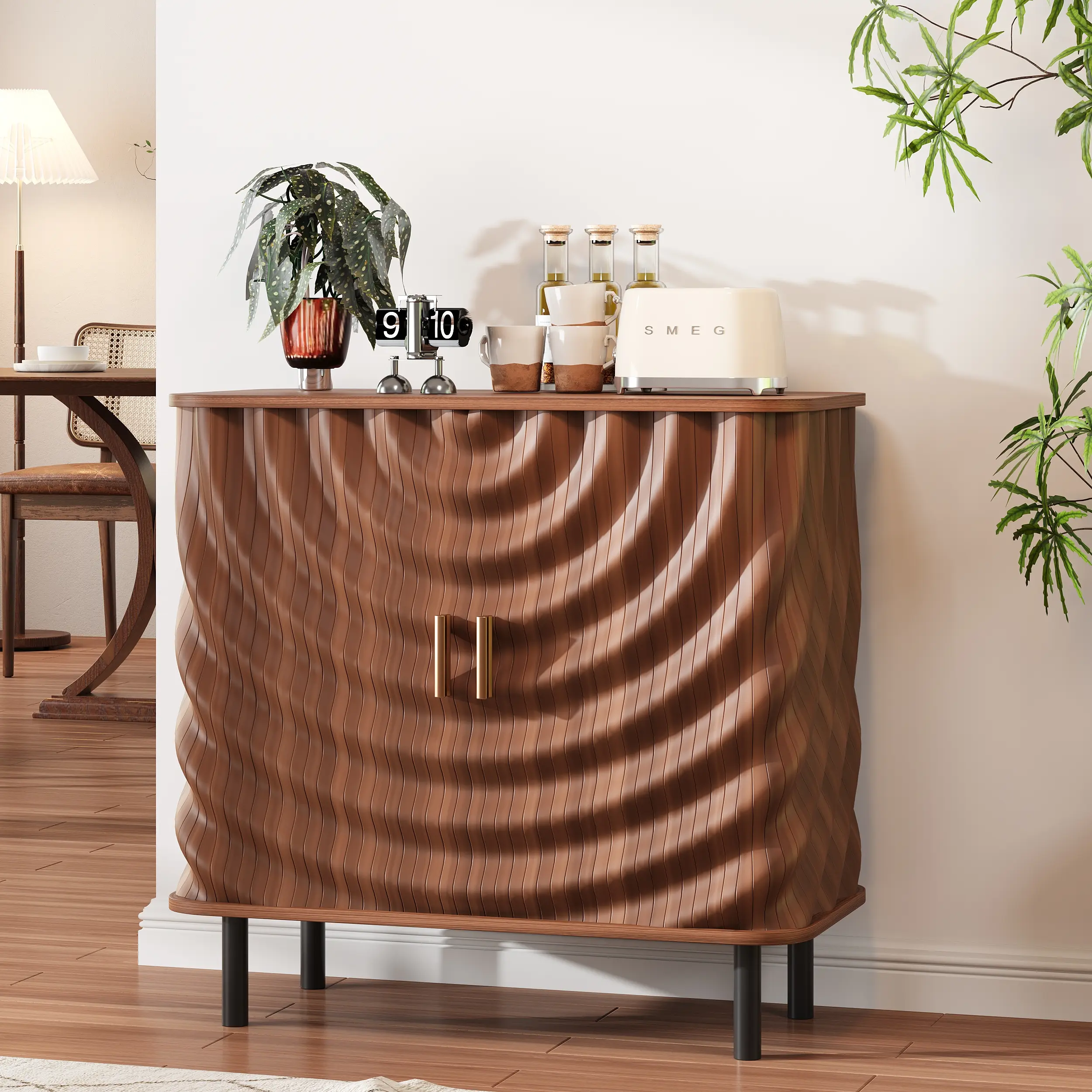 [Summergarden] Vabches Vintage Walnut Sideboard Buffet Cabinet with Sliding Doors & Shelves, Wood Storage Credenza for Dining Room & Living Room, Sliding Door, Vintage Style