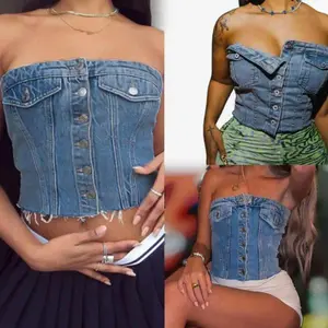 Women’s button-up denim corset, cropped top, strapless jeans, waistband top, push-back corset, vest, streetwear