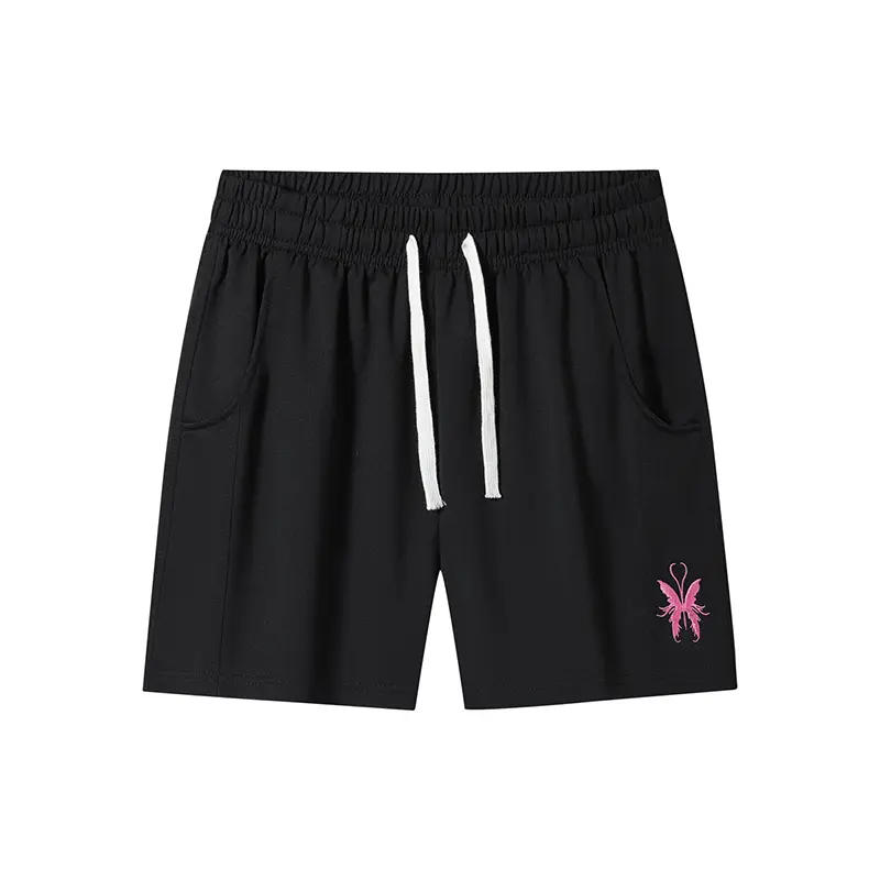 Unisex Cool Dry Fit Breathable Butterfly Embroidered Casual Shorts, Lightweight Drawstring Elastic Waist Side Pockets Loose Knee Length Streetwear Bottoms, Trendy Summer Shorts for Gym Beach Daily Travel Lounge Outfits