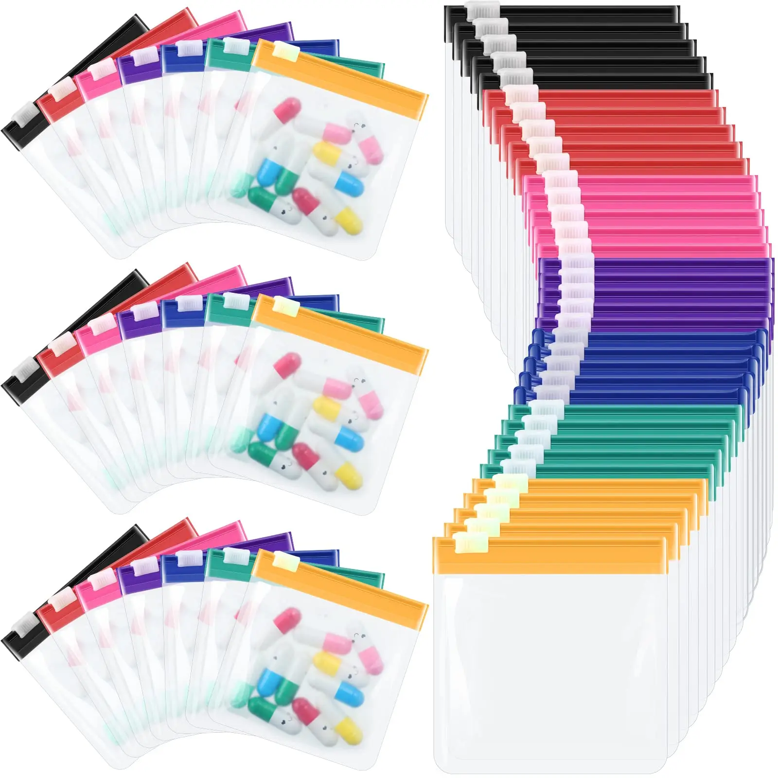 35-Piece Reusable Pill Pouch Bags - Food Grade Safe EVA Supplement Organizer, 75x75mm Lightweight Locking Waterproof Self-Sealing Zippered Translucent Pockets with Color Code Tops for Snacks Storage, Eva Material, 35 Pieces