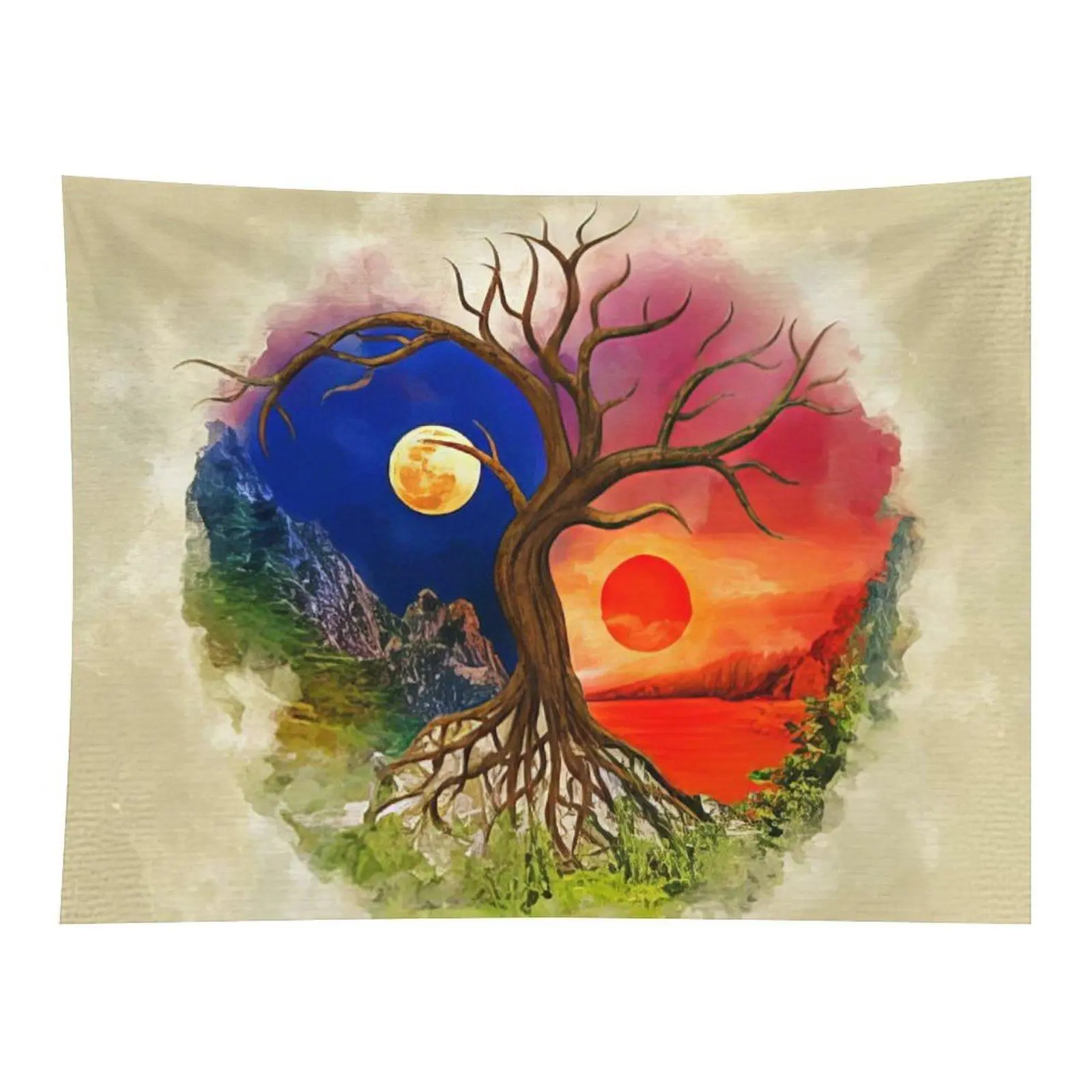 Tree Of Life With Sun And Moon Day Night Contrast Nature Landscape Spiritual Art Wall Tapestry Vintage Painting Style Home Decor