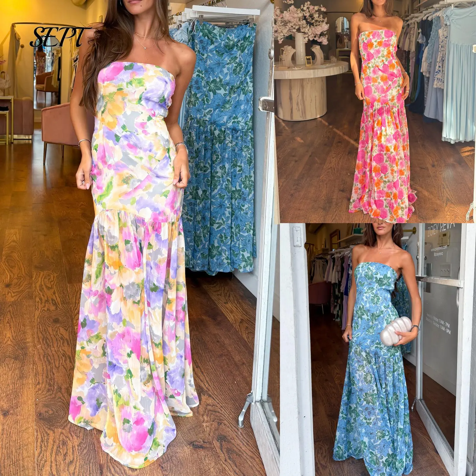 Women's Floral Off Shoulder A-Line Maxi Tube Dress Strapless Mesh Patchwork Long Party Dress, Wedding Guest Dress 2025 Summer