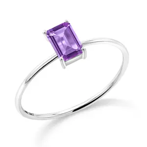 Gem Stone King 10K White Gold 6X4MM Emerald Cut Gemstone Birthstone Solitaire Engagement Ring for Women | Wedding Anniversary Promise Gold Ring | Available In Size 5 to 9