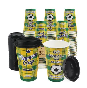 16 oz Champion Cup Celebrating Brazil, 120 Sets Kids Disposable Paper Party Cups with Lids, Compostable & Plastic-Free for Hot/Cold Drink Ice Cream Snacks