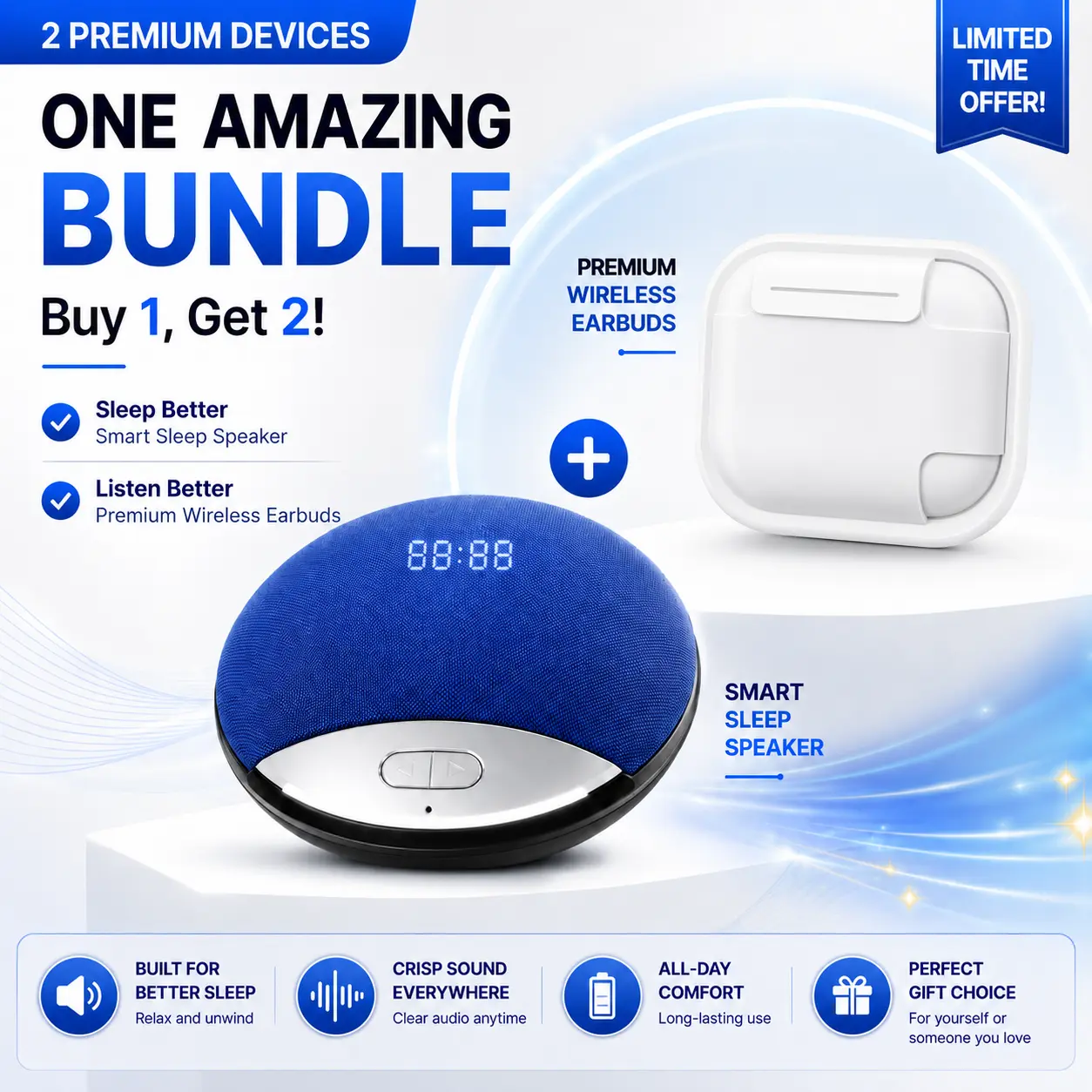 2-in-1 Sleep Speaker & Wireless Earbuds Bundle, Audio,Ultra-Thin Under Pillow Sleep Speaker with White Noise, Bluetooth 5.4, TF Card, Sleep Timer, Wireless Earbuds with ANC, Touch Control & Wireless Charging Audio