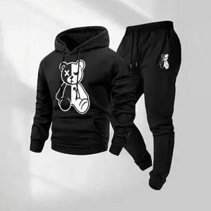 Men’s Violent Bear Pattern Hoodie and Drawstring Track Pants Set with Pockets, Casual Athletic Long Sleeve Hooded Jacket and Jogger Pants, Fall/Winter Activewear, Street-Style Sportswear for Everyday Wear, Suitable for Indoor and Outdoor Activities