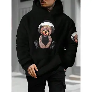 Men's Loose Fit Bear Embroidered Hoodie, Kangaroo Pocket Plush Casual Sweatshirt Hoodie, Long Sleeve Hooded Shirt, Gift for Friends Husband Boyfriend(Sheets)