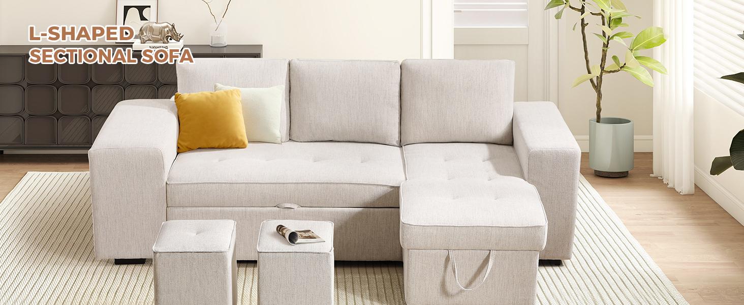 [SpringStatements] EBELLO Chenille Sleeper Sofa Couch with Pullout Bed, 4 in 1 L Shaped Modular Sectional Sofa with Storage Ottoman for Living Room