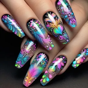 Colorful Feather & Butterfly Pattern Fake Nails, Long Ballerina False Nails for Women & Girls DIY Nail Art, Effortless Press on Nails Manicure Set