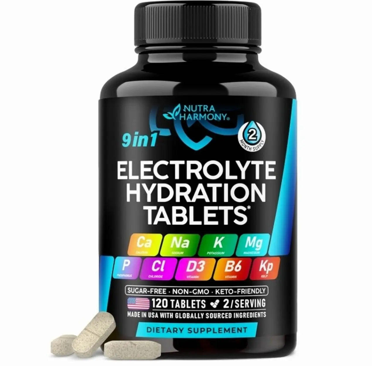 Electrolyte Tablets with Magnesium, Sodium, Potassium, Chloride - 120 Tabs | Electrolytes Salt Pills with Kelp Powder, Vitamins D3 & B6 - Vegan & Keto Friendly Oral Tablets as Capsules - Lab Tested