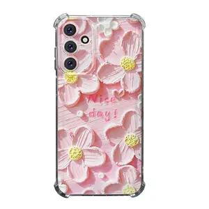 Retro Oil Painting case with Pink Flower Pattern Cute Phone Case Anti-drop Cellphone Protective Case Soft Transparent Shockproof Mobile Phone Cover For SAMSUNG GALAXY A14 A15 A16 A25 A26 A34 A35 A36 A53 A54 A55 A56 4G 5G Gift Ideas