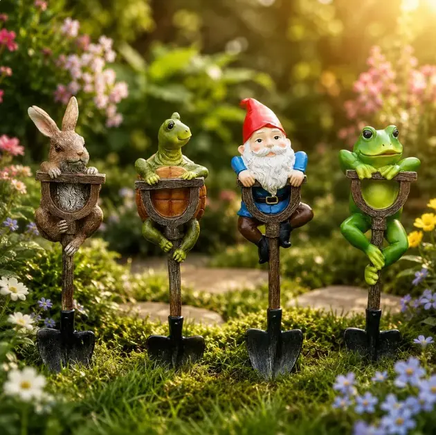 Whimsical Garden Stakes - Funny Frog, Gnome, Bunny, Turtle Designs - Fairy Outdoor Art Decor Sculpture, Cute Plant Gift for Garden Supplies lawn statue miniature