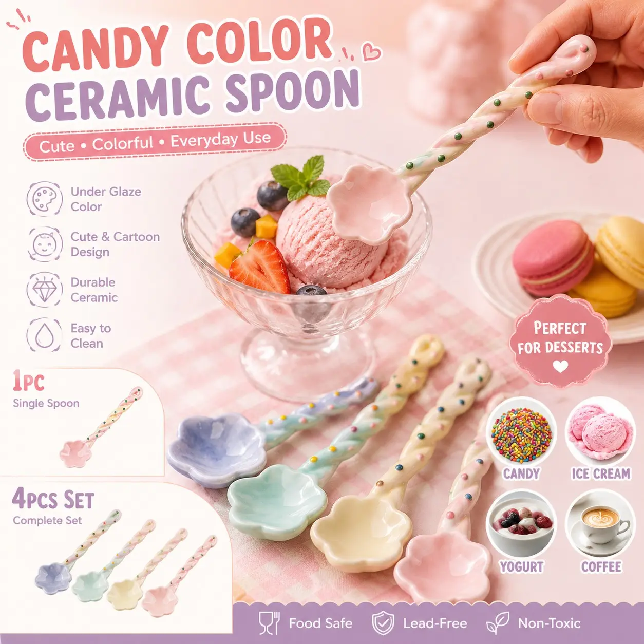 Cute Long Ceramic Spoon Set, Candy Color Glazed Cartoon Dessert Spoons, Irregular Handle Design, Fresh Dining Utensils, Ice Cream Yogurt Scoops, Dinnerware Utensils, Culinary Cutlery