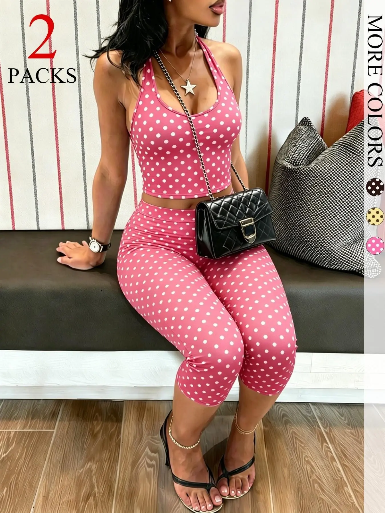 2-Pack Women's Polka Dot Halter Neck Top & Capri Pants Set, Outfits, Slim Fit, Trendy Western Goth Streetwear, Summer, Perfect for Coachella & Daily Wear