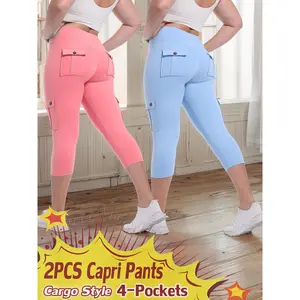 2pcs High Waist Yoga Capri Pants 2pcs Capri Pants Set, 4 Way Stretch Butt Lifting Tummy Control, 4 Button Pockets Workout Running Sports Pants