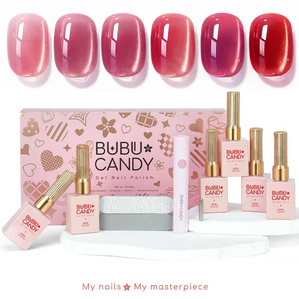 Exclusive for milymanny BUBUCANDY 6Pcs Sweet Rose Cat Eye Gel Polish Set, Magnetic Holographic Colors with LED Lamp, Romantic DIY Manicure Kit,tiktokshopspringglowup #Summervibes