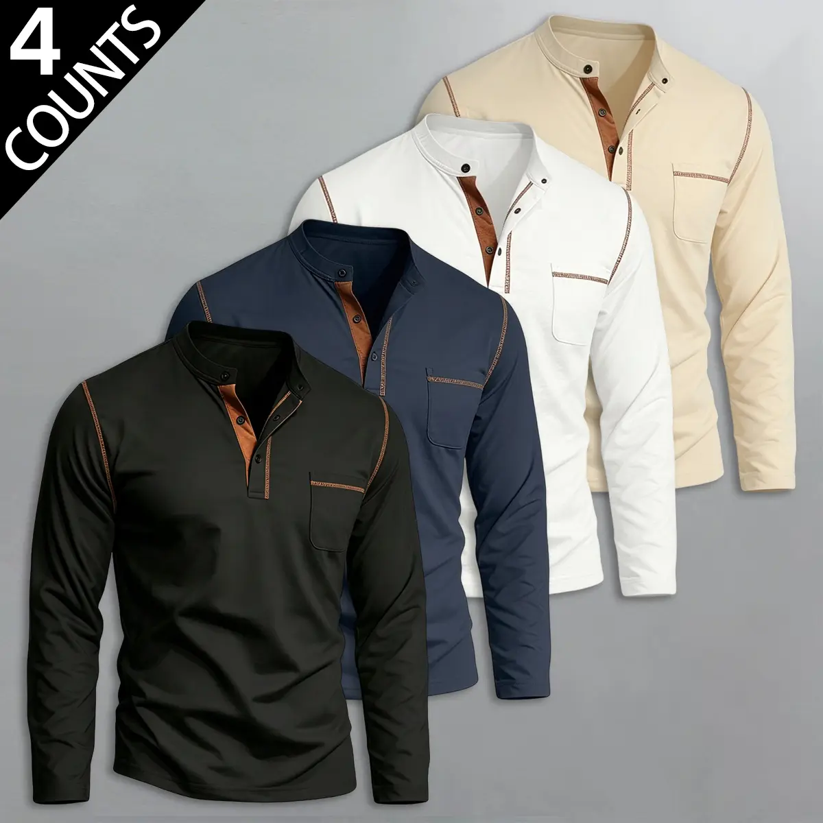 Men's 4-Piece Plain Henley Shirt Set, Long Sleeve Slim Fit Menswear with Contrasting Stitching, Chest Pocket, Breathable Fabric, Casual Chic Streetwear for Daily Casual Use,back to school,back to school shopping, Polyester Blend