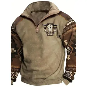 Western bull head print half-zip top, showing wild personality