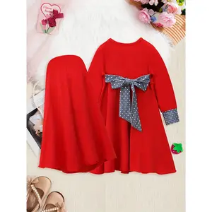 Middle Eastern Girls Spring/Autumn Long Sleeve Dress + Plain Headscarf Two-Piece Set, Ramadan Dress for Girls, Arab Children's Abaya Dress with Butterfly Bow, Holiday Outfit, New Year Gift