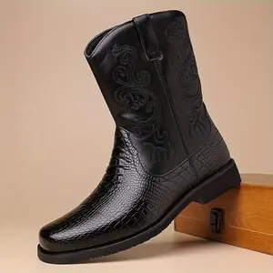 Men's High-Top Cowboy Boots - Durable Rubber Sole, Side Zipper Closure, All-Season Comfort, Pointed Toe Design, Upper, Solid Color for Casual & Formal Wear, Footwear, Stylish Snake Light Beige Texture, Textured Boot Head Walking S