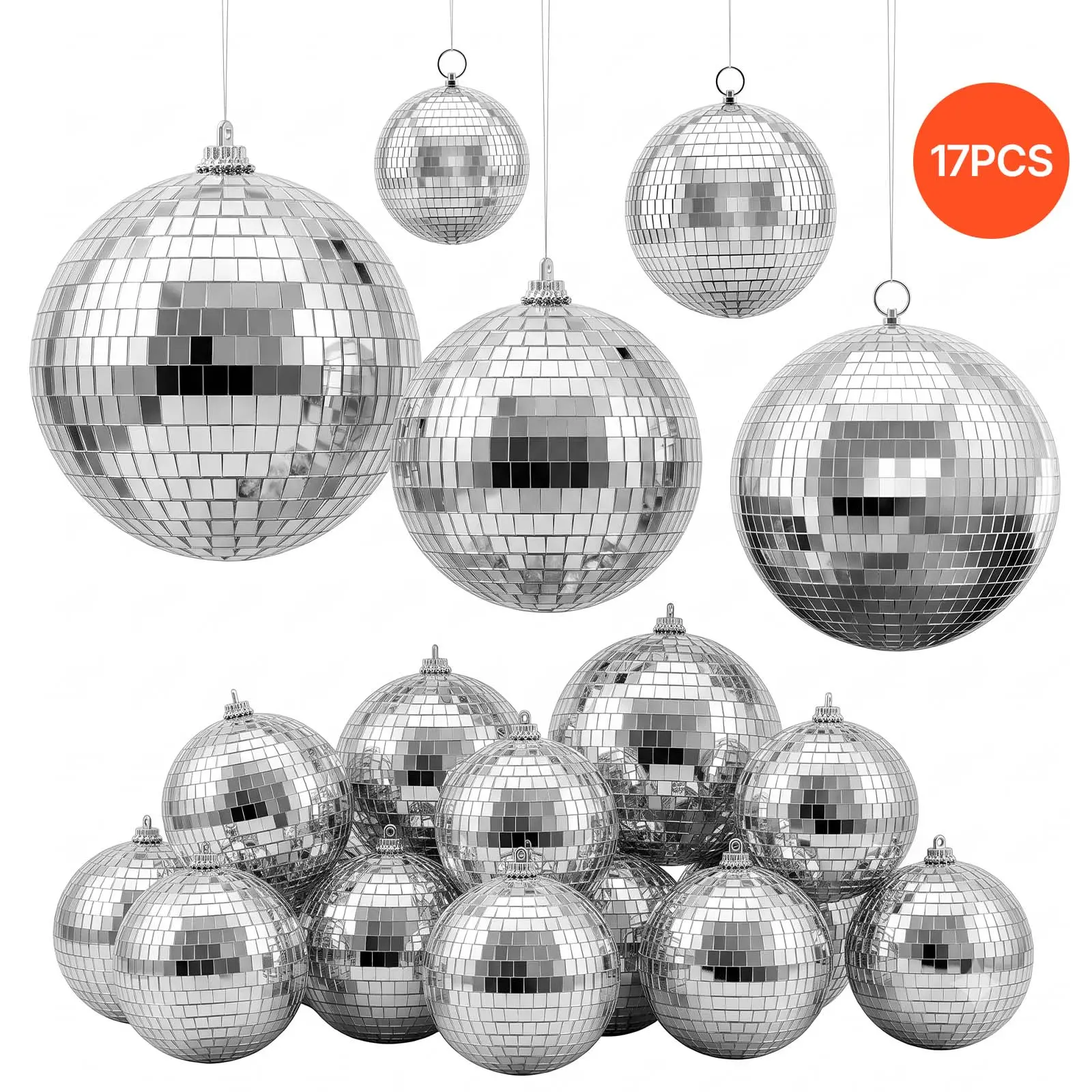 VEVOR Mirror Disco Ball 3.2" 4" 6" 8" 12" 17-Pack Balls with Hanging Ring, for Party Home Decoration Stage Props DJ Dance Club, 2 Mirror Tile Sizes, Reflects Light, Wedding Birthday Decor, Silver