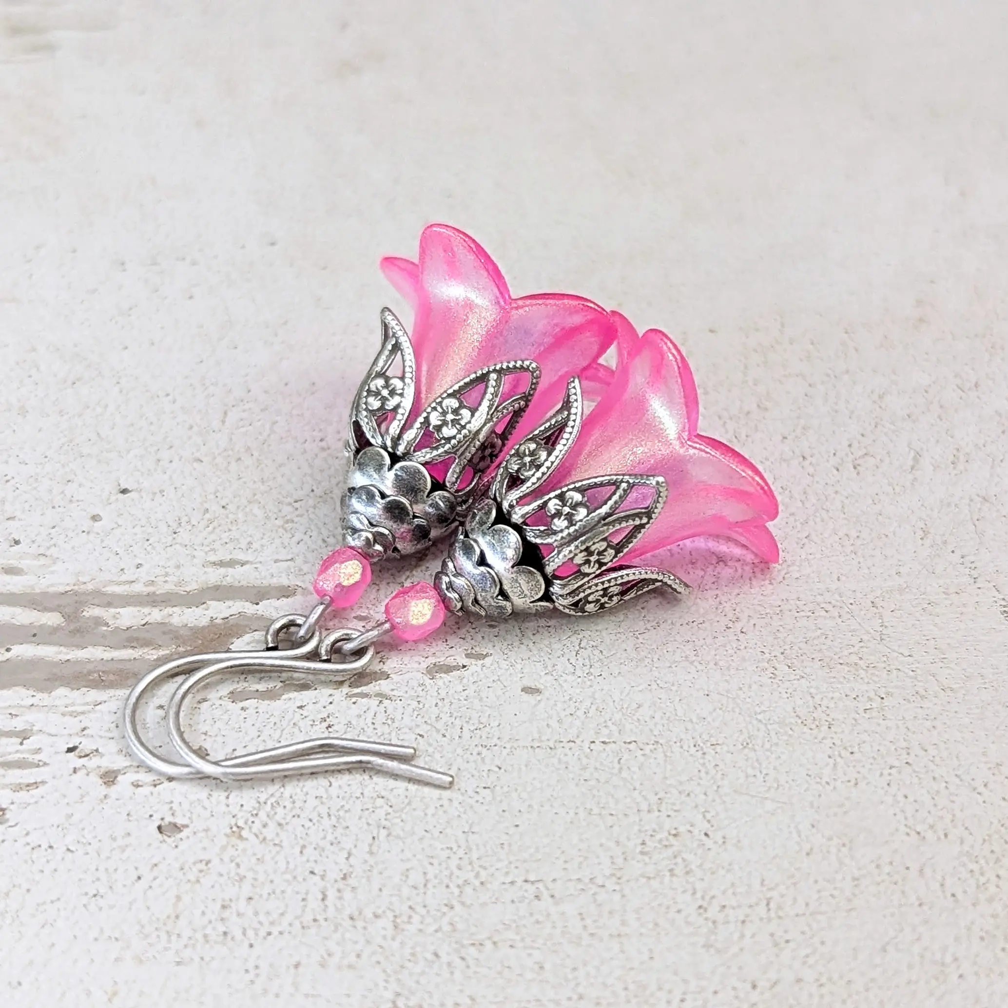 Neon Pink Lucite Flower Earrings, Blacklight Responsive Jewelry, Hand Dyed Iridescent with Antiqued Silver Filigree, Fairycore Earrings