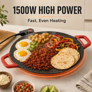 portable electric korean bbq grill,1500w portable electric，portable electric comal，korean bbq grill，non-stick grill pan，comal electrico para tortillas，Adjustable Temperature Electric Skillet Pan， nonstick griddle，flat skillet,round griddle