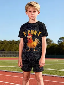 Graffiti-style screaming rooster printed two-piece short-sleeve and shorts set, 100% polyester casual loose set, summer fun printed pattern, outdoor sports T-shirt set, the perfect gift for boys