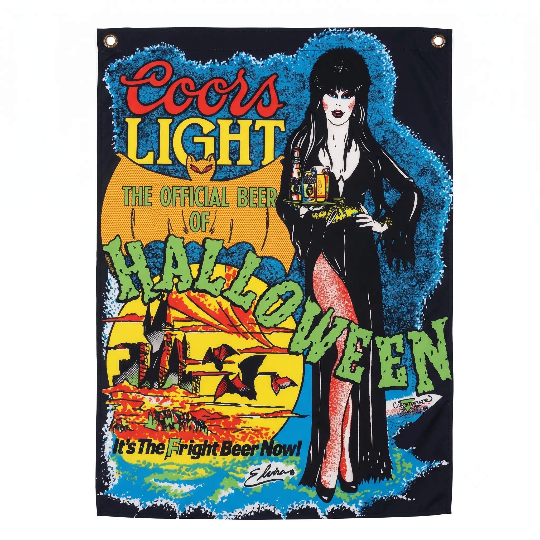 Vintage COORS Light Elvira Halloween Flag | Retro Beer Wall Banner | Mistress of the Dark Man Cave Decor | Classic Bar Sign Tapestry