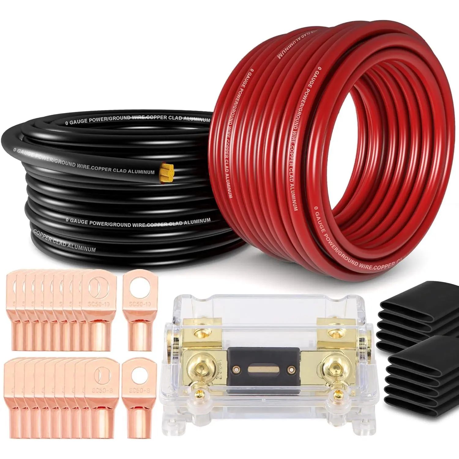 1/0 Gauge Stranded Heavy Wire CCA Auto Amplifier Wiring Kit - 20ft Red & 20ft Black Grounding Cord, 250A ANL Fuse Holder, 10pcs 1/0-5/16(SC50-8) Solder-Crimp Lugs, 20pcs 3:1 Adhesive Lined Heat Shrink Tube, Polarity ID, Power Transfer Car Accessories
