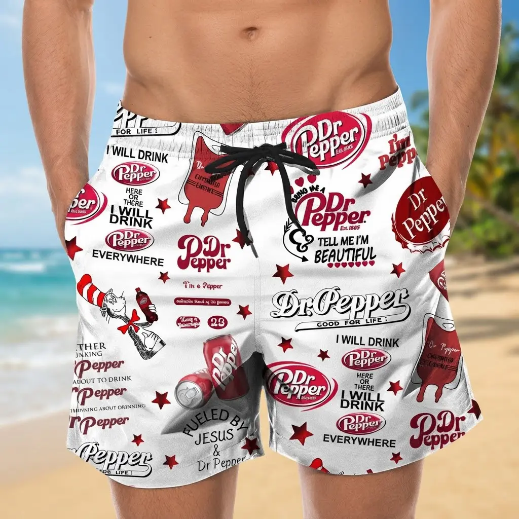 Dr Pepper All-Over Collage Print White Beach Shorts