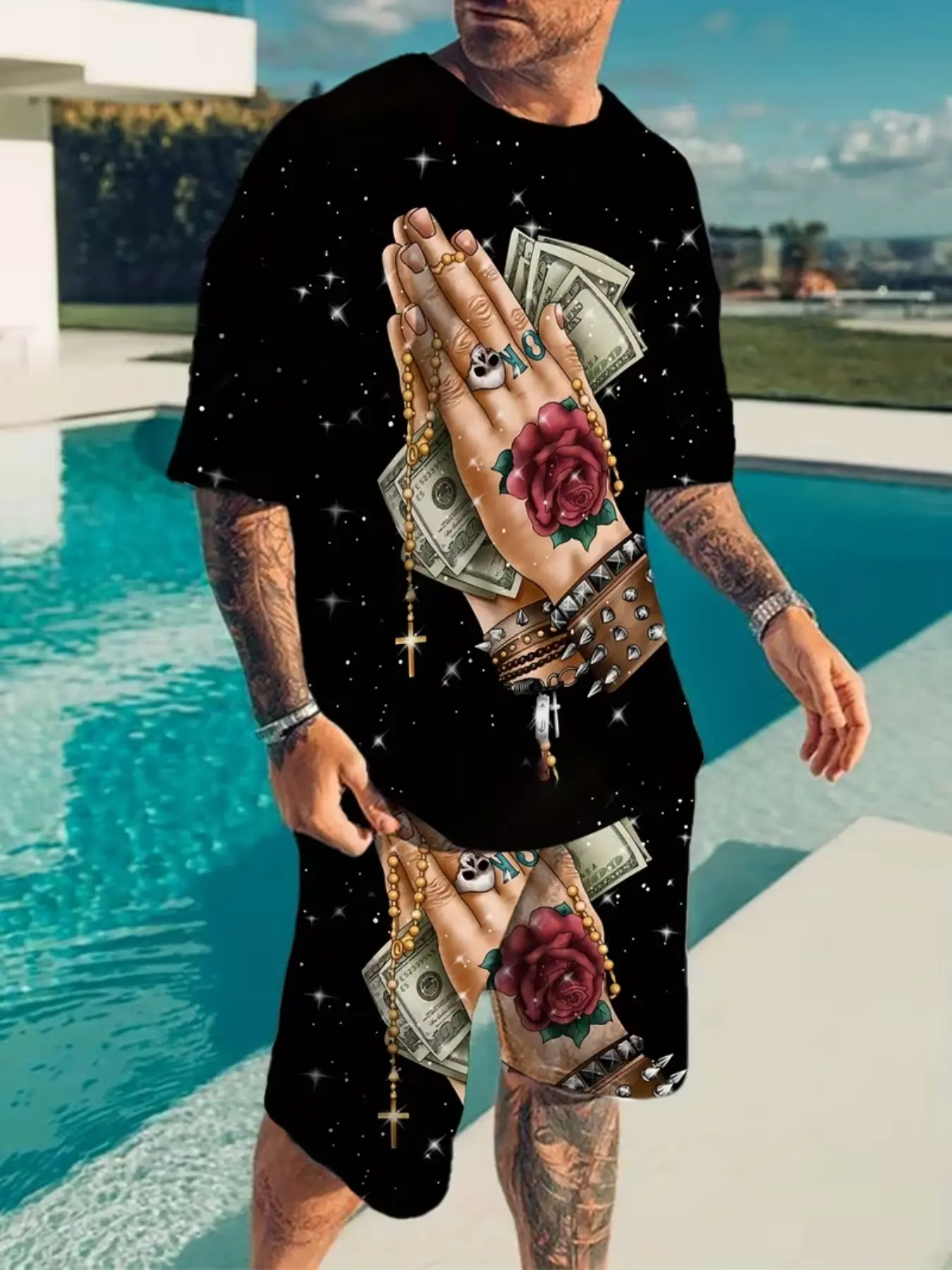 Men's Fashion Aesthetics Geometric Prayer Print Fitted Two-Piece Set, Casual Short-Sleeve T-Shirt and Summer Track Shorts, Ideal for Tropical Vacation and Fitness, Menswear