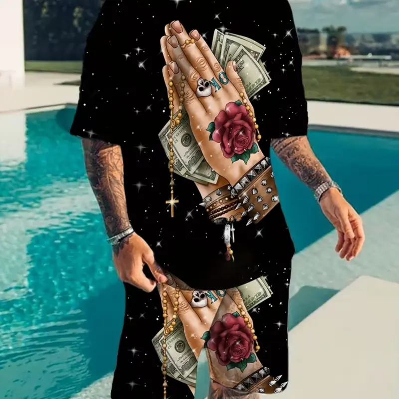Men's Fashion Aesthetics Geometric Prayer Print Fitted Two-Piece Set, Casual Round Neck Short-Sleeve T-Shirt and Summer Track Shorts, Ideal for Tropical Vacation and Fitness, Shorts Set Outfit, Menswear