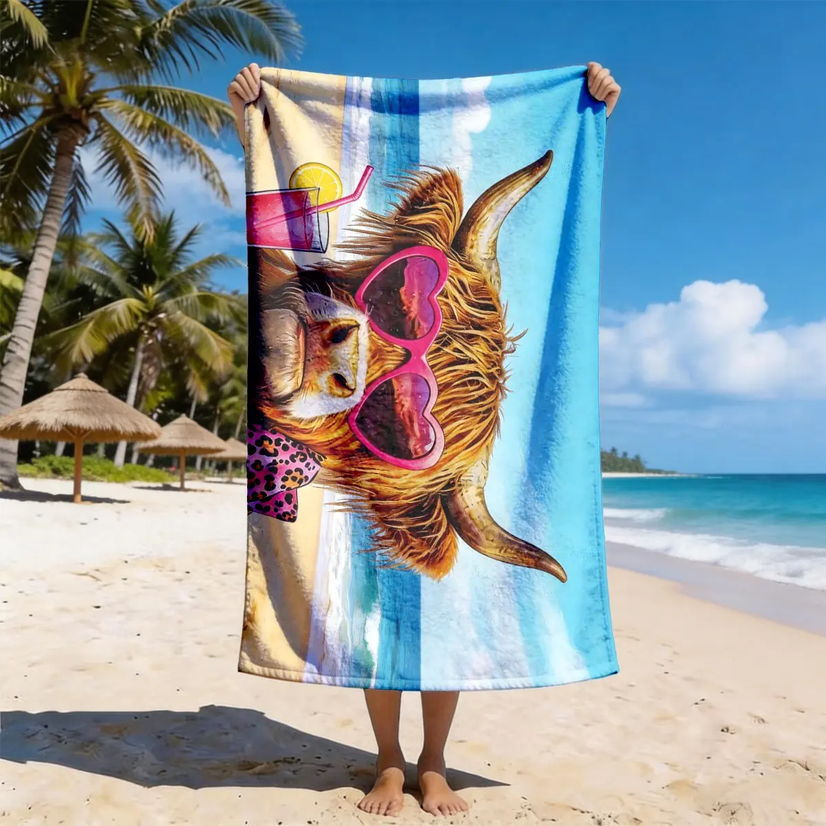 Funny Highland Cow Beach Towel, Design Beach Towel, Water Absorbent Towel, Quick-Dry Soft Polyester, Multi-Use Yoga Travel Swim Camping, Quick Dry Towels For Travel, Large Size, Best Gift, Quick Drying Towel