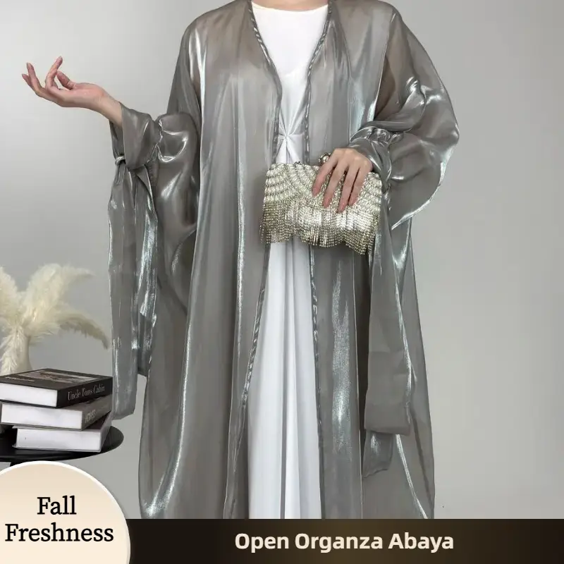 【FallFreshness】CL15 Open abaya Organza Abaya, Shiny Silk Abaya Muslim Long Women Dress,Summer Light Robe Modesty Coat Chic Fit Lightweight,Fashionweek