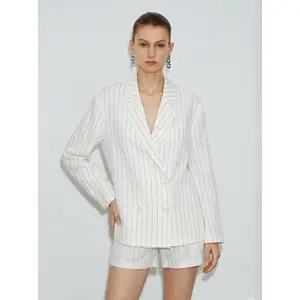 URBAN REVIVO 2026 Women's Double Breasted Pinstripe Eyelet Cropped Blazer Notch Lapel Lightweight Suit Jacket Above The Knee Long Sleeve Fitted Striped - Fabric