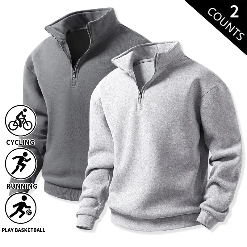 2-Pack Men’s Quarter-Zip Sweatshirts, Multipack, Plain Solid Color, Mock Neck Half-Zip Pullovers, Soft and Comfortable, Long Sleeve, Loose Fit, Casual Everyday Wear, Basic Layer Sweatshirts for Men, Street Fashion