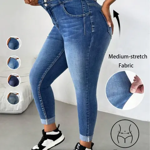 High Waist Tight Fit Skinny Blue Button Fly Jeans, Fashionable Women's Daily Wear, Comfortable and Versatile, All Seasons Essential, Elastic