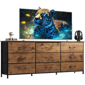 63''W Dresser for Bedroom, Dresser TV Stand for 65, 70, 75 inch TV, Wide Chest of Drawers with 9 Drawer, Large Entertainment Center, Fabric Dressers with  Top for Living Room, Rustic Brown