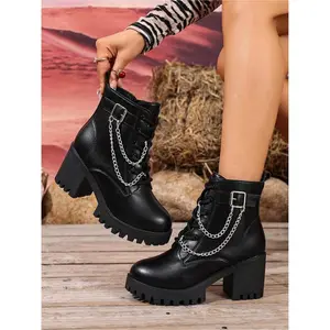 Women's autumn and winter large size short boots, thick-heeled thick sole high water platform waterproof leather surface metal chain decoration boots, light and soft sole anti-skid wear-resistant heightening street motorcycle female boots, Round Toe Boot