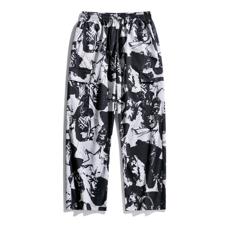 Artistic ink printing casual pants men's loose hanging high street pants black and white graffiti trend straight pants