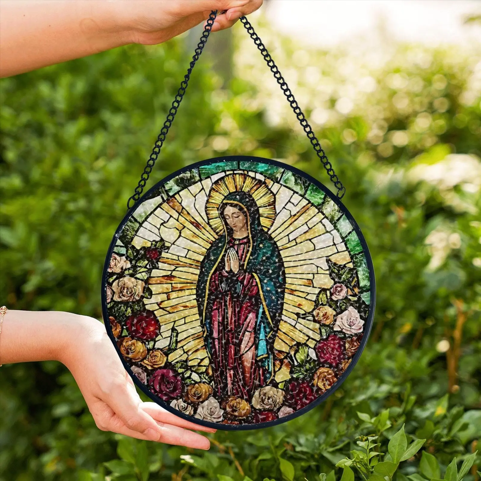 Our Lady of Guadalupe Stained Glass Suncatcher - Hangable Religious Art, Reflective Light Catcher with Light Refraction, Catholic Gift for Faithful Believers, Modern Home Decor Window Hanging, Virgin Mary, Light Up Your Space