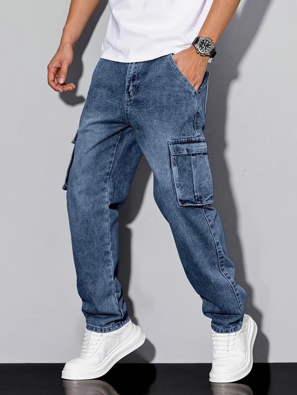 Live unbridled Men's Casual Loose Straight-leg Denim Trousers with Pocket Solid Color All Seasons Menswear Cotton Blend  Fabric Smooth Blue  Jeans Pants