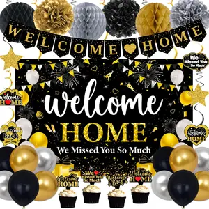 Welcome Home Decorations, Black Gold Welcome Back Party Decorations, Welcome Home Banner, Backdrop, Balloons, Hanging Swirls, Card, Cake Toppers, Pompom, Family Reunion Military Army Homecoming Decor
