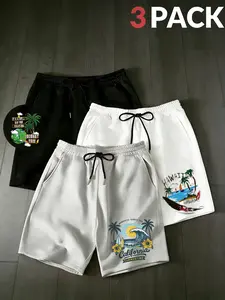 Men's Hawaiian Surf Print Shorts Set, Casual Drawstring Sporty Shorts, Summer Vacation Essentials, Loose Fit Minimalist Style
